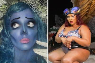 Halsey dressed as corpse bride next to Lizzo dressed as a fly 
