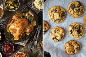On the left, a table with a turkey on a platter, cranberry sauce, sweet potatoes, mashed potatoes, and Brussels sprouts, and on the right, chocolate chip cookies on a tray 