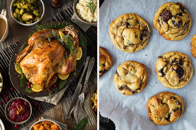 On the left, a table with a turkey on a platter, cranberry sauce, sweet potatoes, mashed potatoes, and Brussels sprouts, and on the right, chocolate chip cookies on a tray