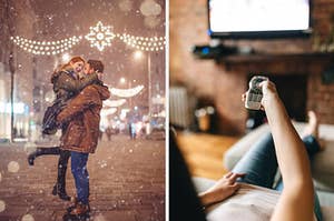 On the left, a couple embracing as the snow falls down outside, and on the right, someone holds a remote up to a TV