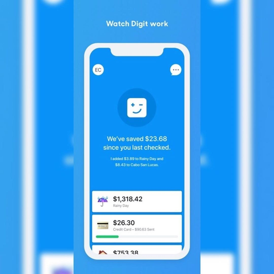 A phone screen showing the Digit app, which shows money in a rainy day fund and credit card fund