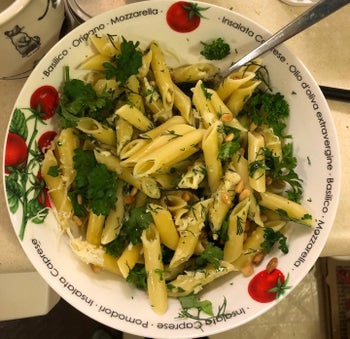 Reviewer uses herbs from AeroGarden in pasta dish with basil, pine nuts, and cheese