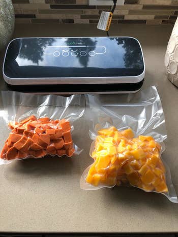Reviewer uses same vacuum sealer to seal up sweet potatoes in clear bags