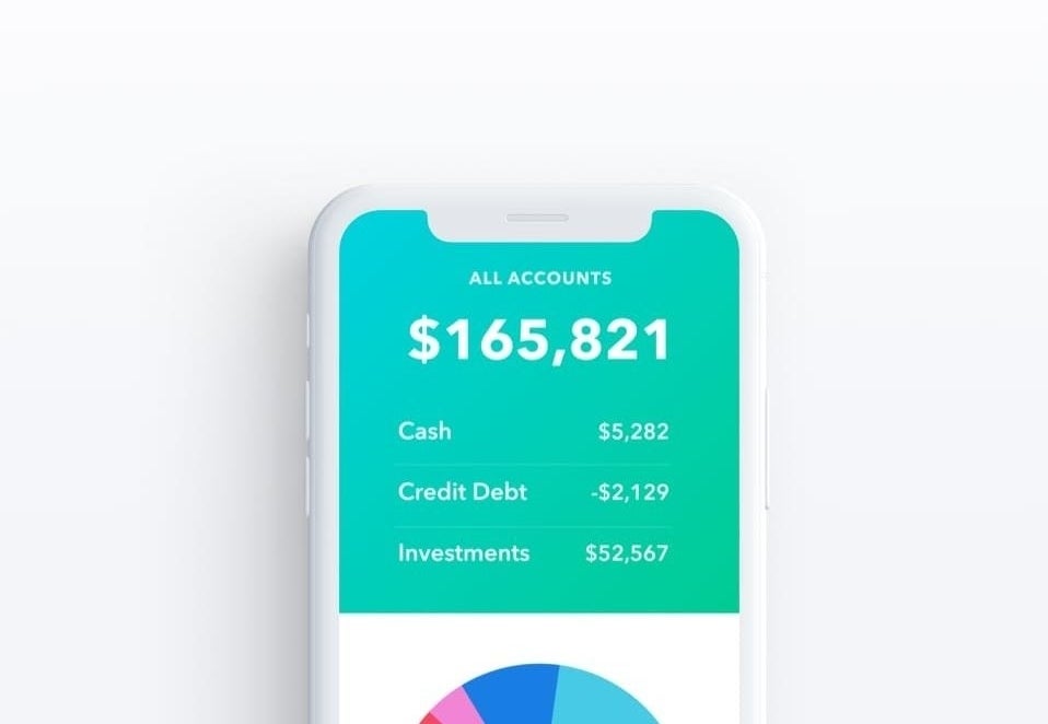 Part of a phone screen showing a total amount of money from cash, credit debt, and investments