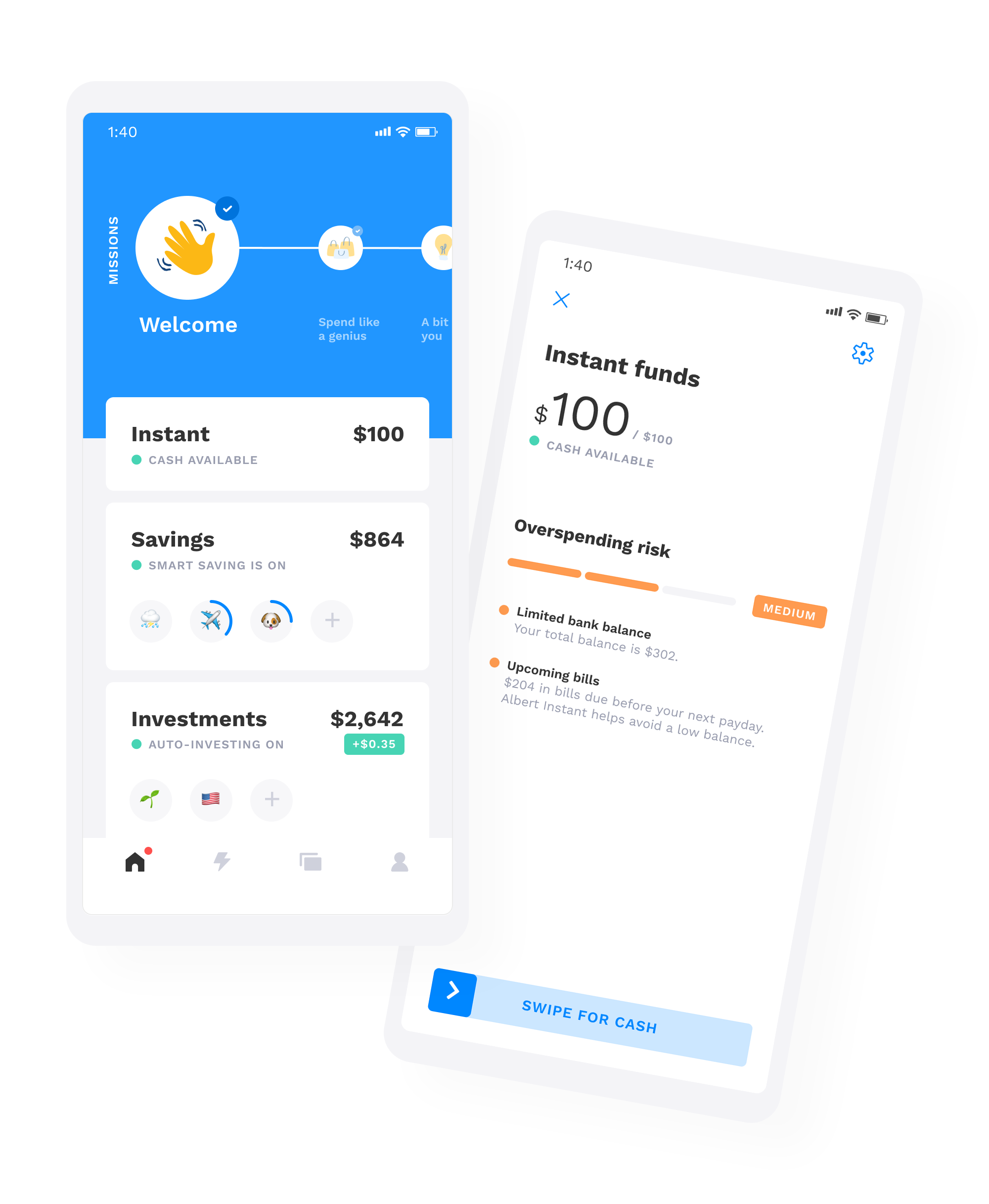 A rendering of phone screens; one shows money available in investments and savings, and another shows instant funds available and a level of overspending risk