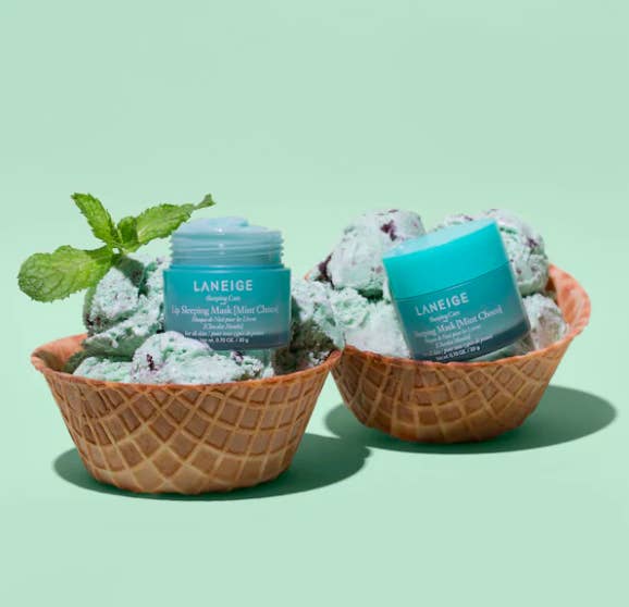 A pair of lip masks perched on top of mint chocolate chip ice cream inside waffle bowls