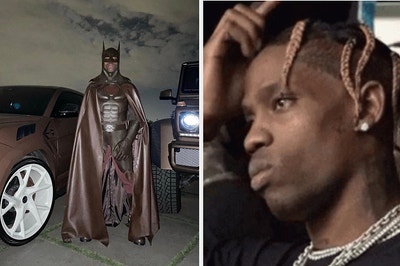 Side by side photo of Travis Scott in Batman costume and Travis scratching his head