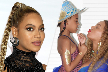 Side by side photos of Beyoncé wearing a braid ponytail and Bey and Blue Ivy