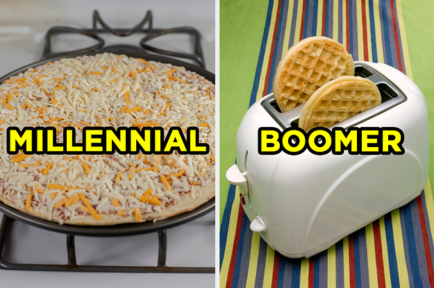 On the left, a frozen cheese pizza labeled "millennial," and on the right, two frozen waffles in a toaster labeled "boomer"