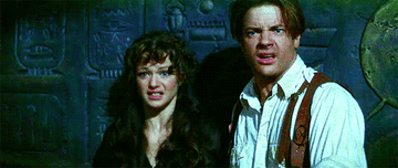 Rachel Weisz gasping and Brendan Fraser screaming in The Mummy