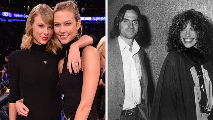 Taylor Swift and Karlie Kloss at a basketball game; James Taylor and Carly Simon posing together at an entertainment event in the &#x27;70s