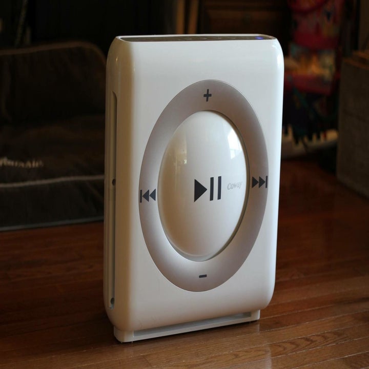 A white air purifier customized to look like an iPod Nano