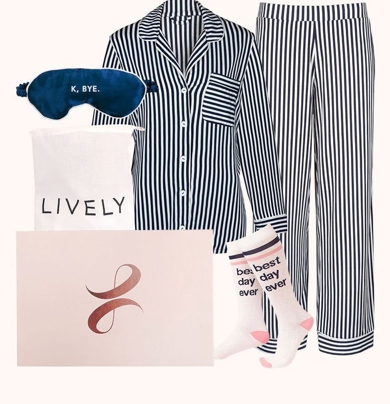 The Loungewear set with matching pajamas, socks, and an eye mask