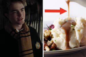 Cedric is on the left wearing a Hufflepuff scarf with an arrow pointing at a plate of mashed potatoes and gravy on the right
