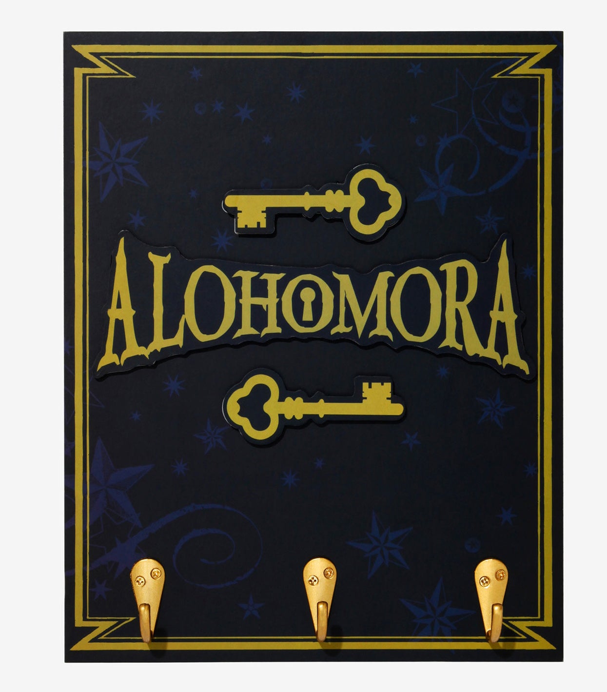 the gold key hook with gold text labeled &quot;Alohomora&quot; 