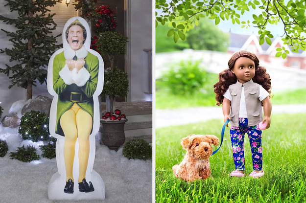 A Buddy the Elf inflatable decoration and a doll with her dog