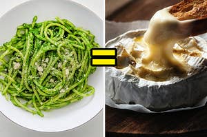 A bowl of pesto pasta on the left and some melty brie cheese on the right
