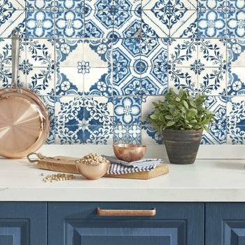 the blue and white Mediterranean-style tiles