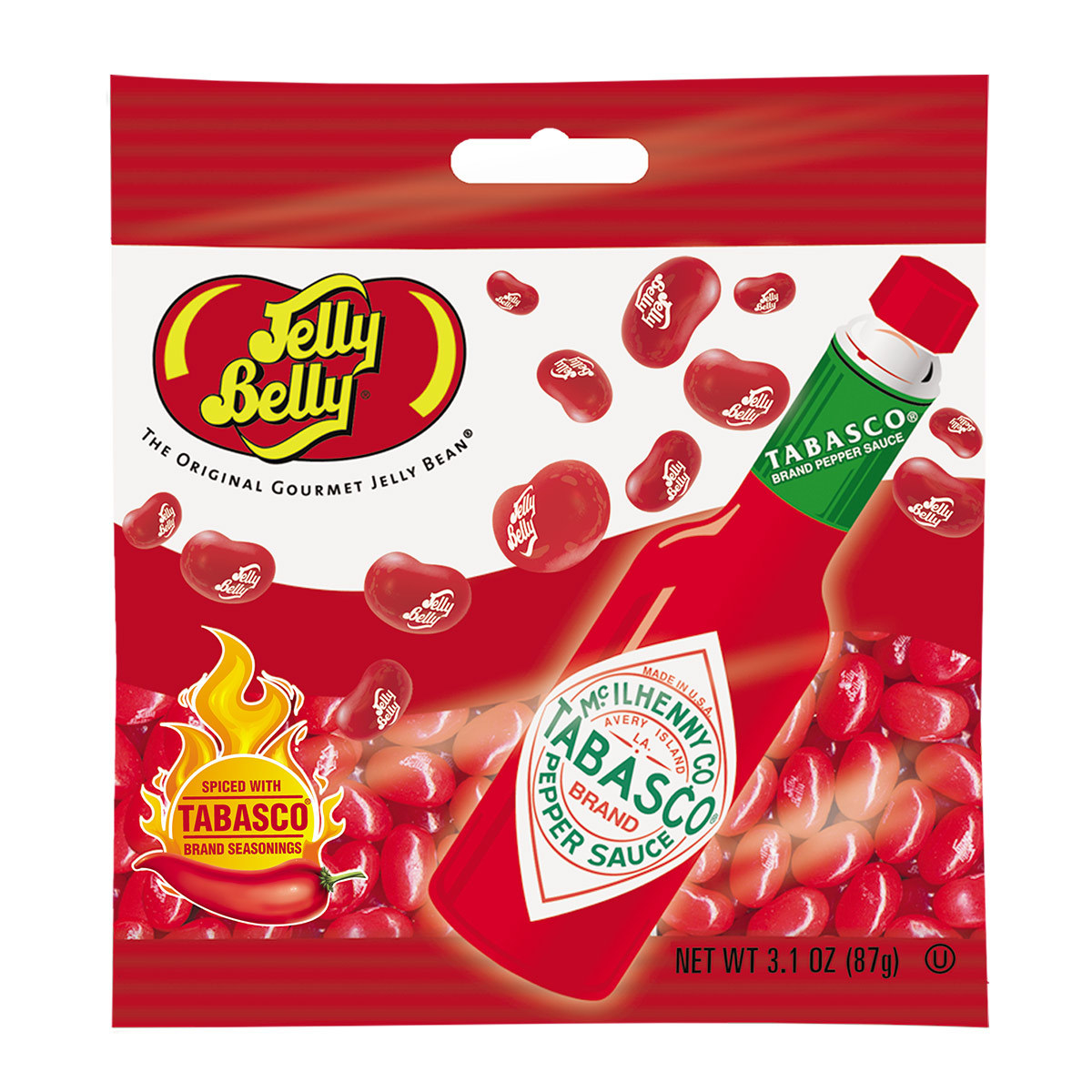 Red and white plastic bag of Tabasco jelly beans