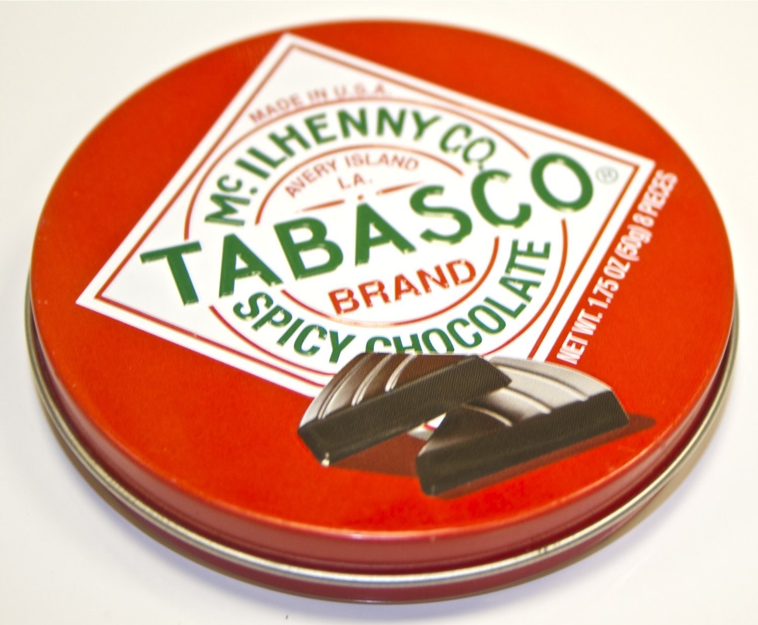 Circular red tin of Tabasco spicy chocolate