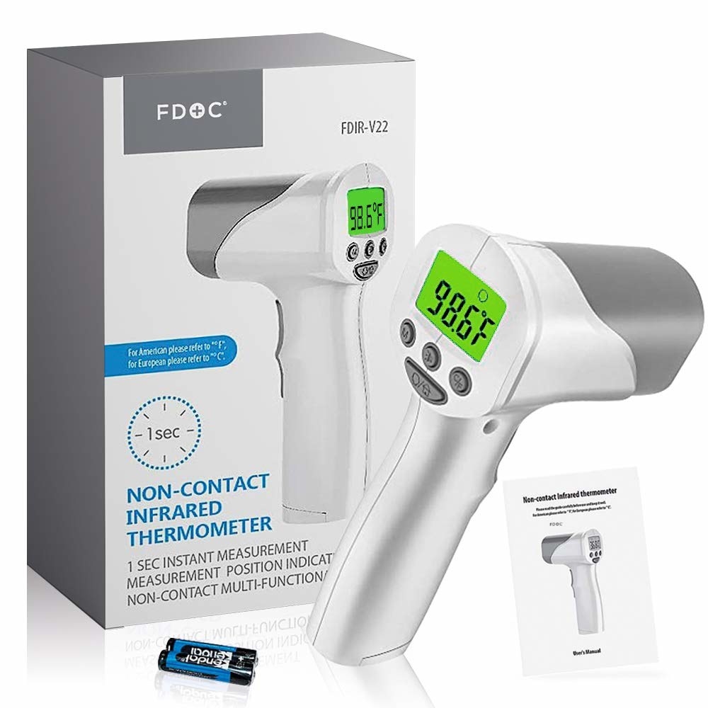 A forehead thermometer displayed outside its packaging