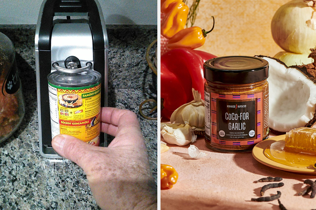 On the left, hand holds refried beans can under black automatic can opener. On the right, a jar of Essie Spice's Coco-For-Garlic sauce next to cut up peppers and coconuts