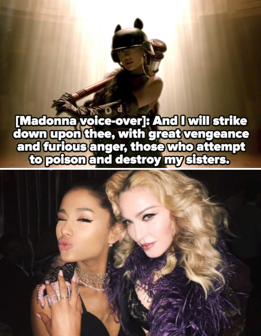 Ariana Grande in the &quot;God Is a Woman&quot; holding a sledgehammer; Ariana and Madonna posing backstage together in 2016
