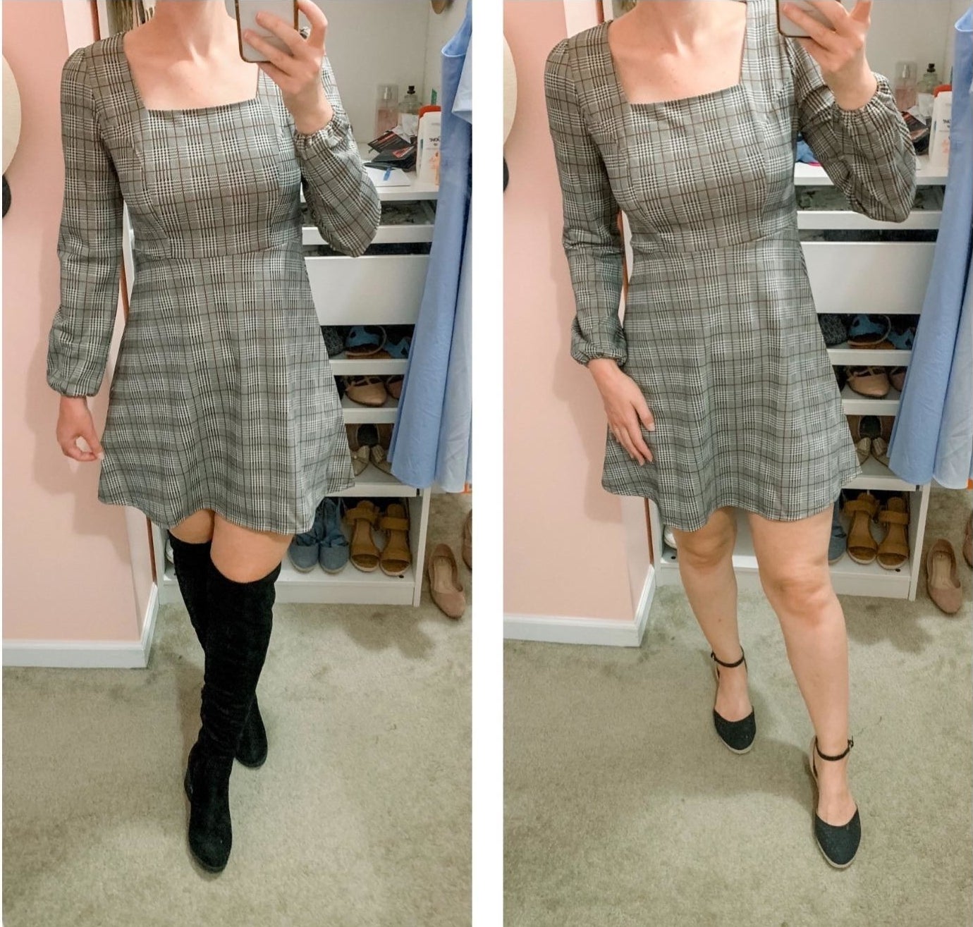 A reviewer wearing the gray balloon sleeve mini dress with over-the-knee boots and then with ankle-strap wedges