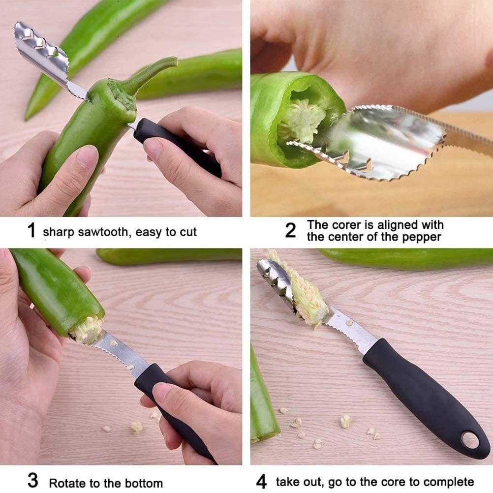 Four images of how to use the pepper correr with black handle