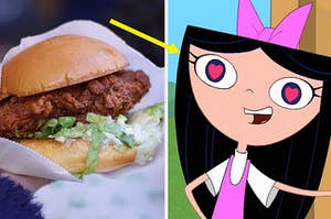 A fried chicken sandwich on the left and isabella from phineas and ferb with heart eyes on the right