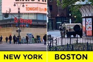 One city boarded up, and another with an army vehicle; labeled "New York" and "Boston"