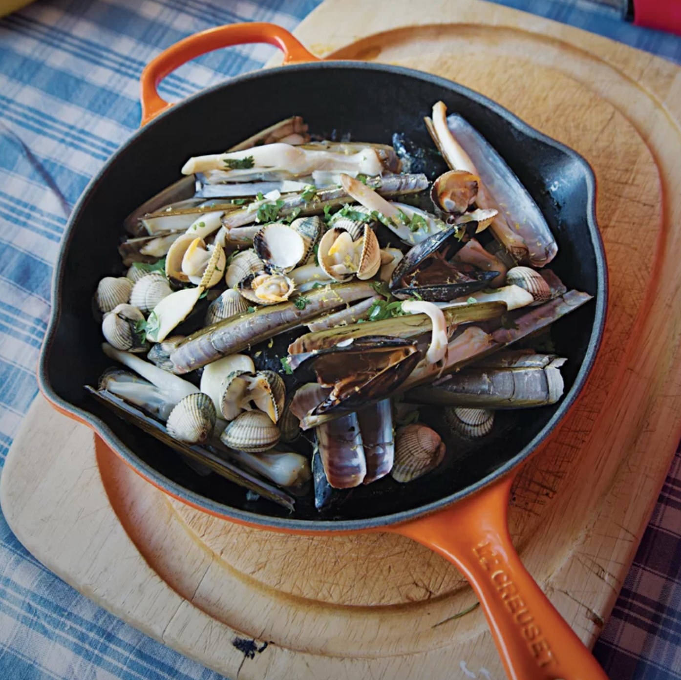 The Le Creuset cast-iron skillet in flame