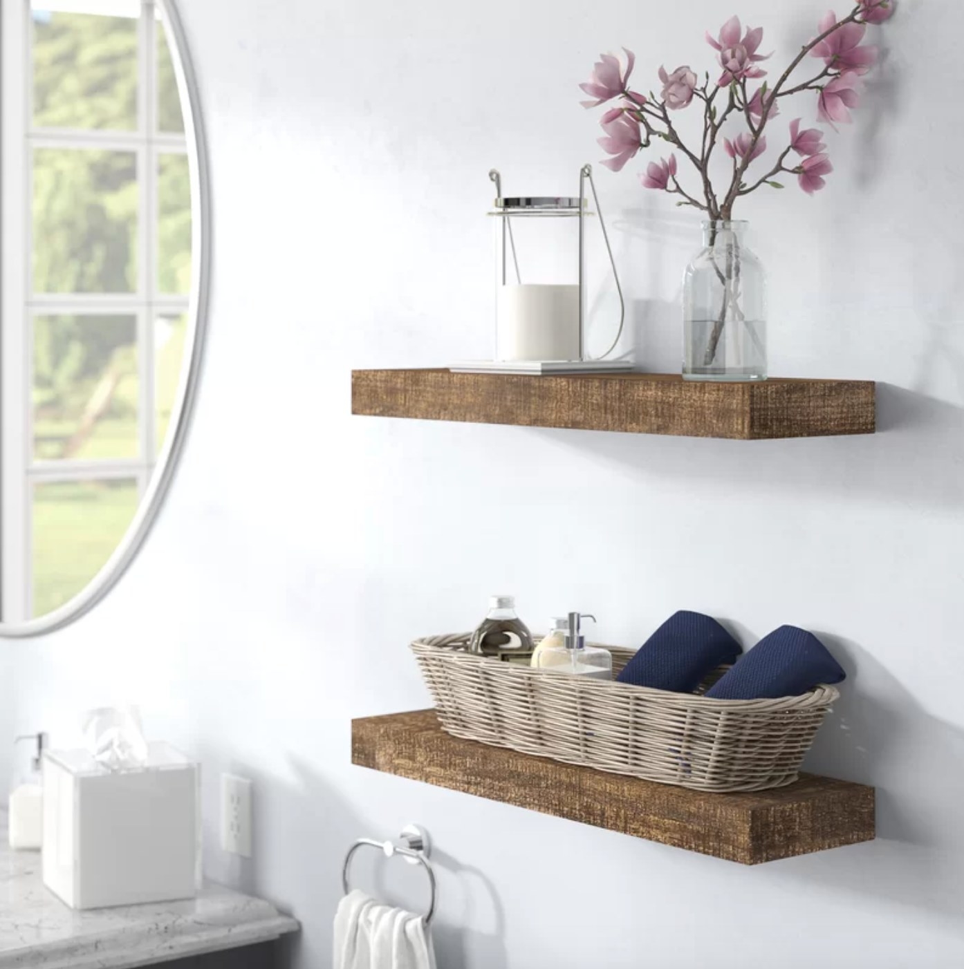 The set of wood shelves in dark walnut