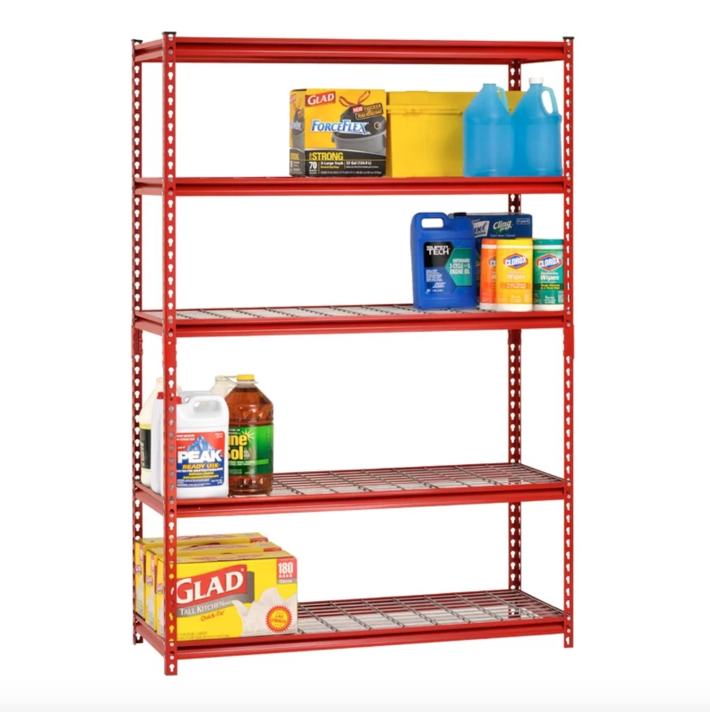 The storage shelf in red holding cleaning items