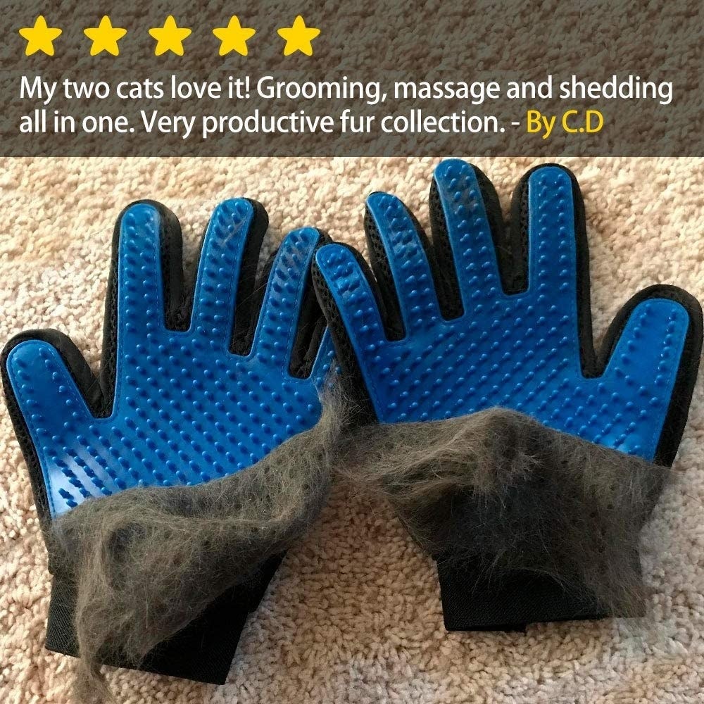 a pair of blue deshedding gloves with a layer of fur being peeled off of it