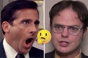 Michael is on the left screaming with a think face emoji in the center and Dwight on the right