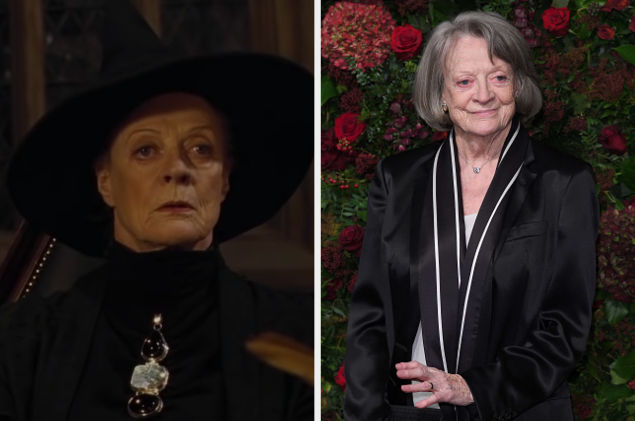 McGonagall wearing her witch&#x27;s hat on the left and Maggie Smith posing at an event on the right