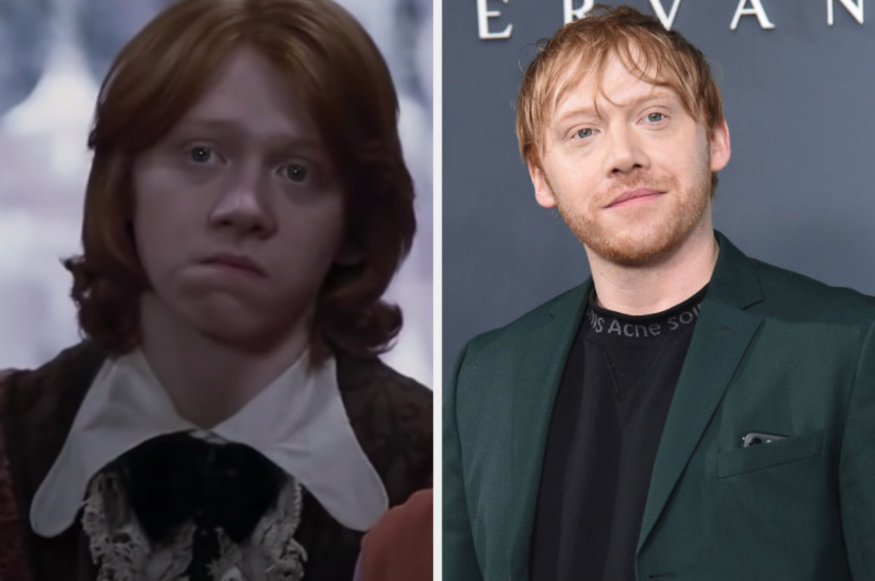 Rupert as Ron on the left wearing his ruffled Yule Ball attire, and a bearded Rupert posing at an event on the right