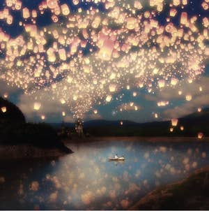 the wish lanterns over a lake print