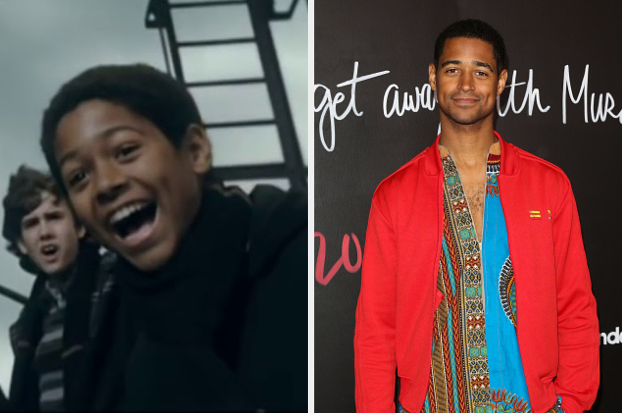 Dean Thomas laughing on the left, and Alfred Enoch smiling on a red carpet on the right