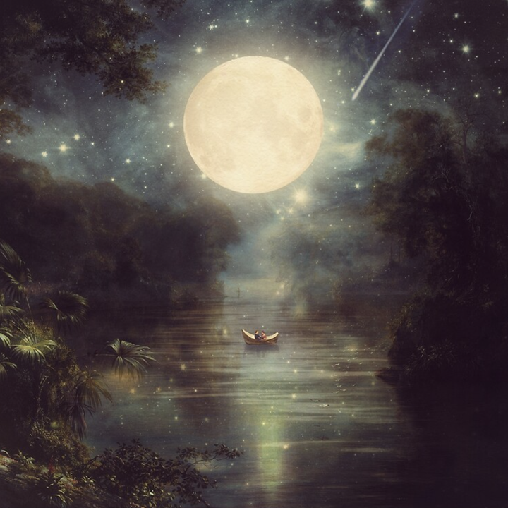 the full moon over a boat in a lake print