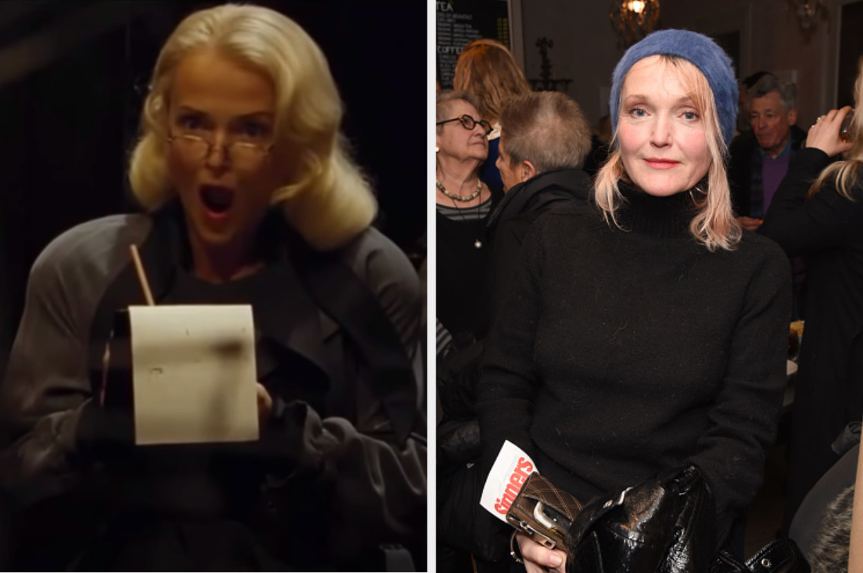 Rita Skeeter writing down salacious news on the left and Miranda posing for a picture on the right