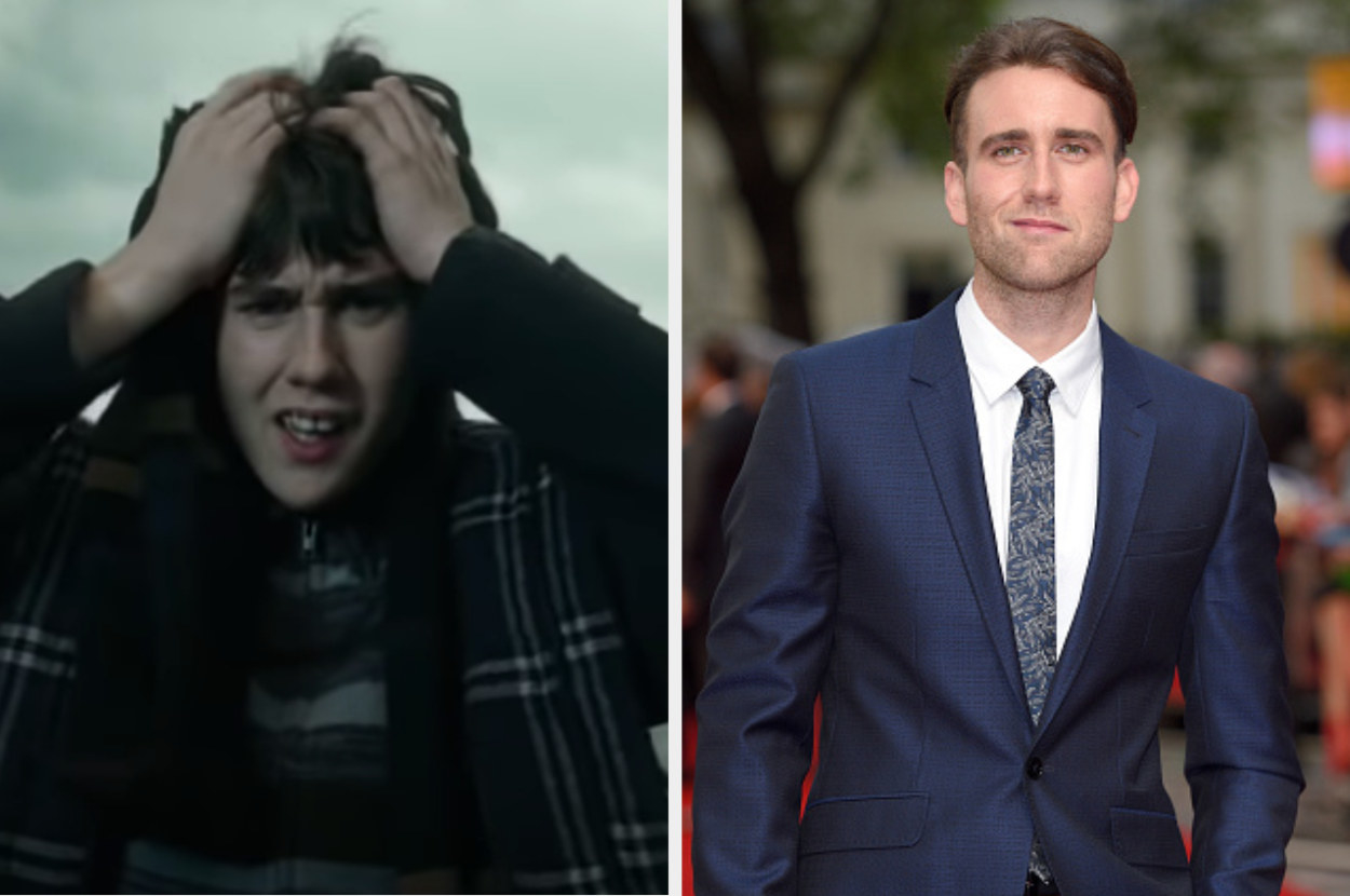 Matthew as Neville holding his head in fear on the left, and Neville in a suit posing on a red carpet on the right