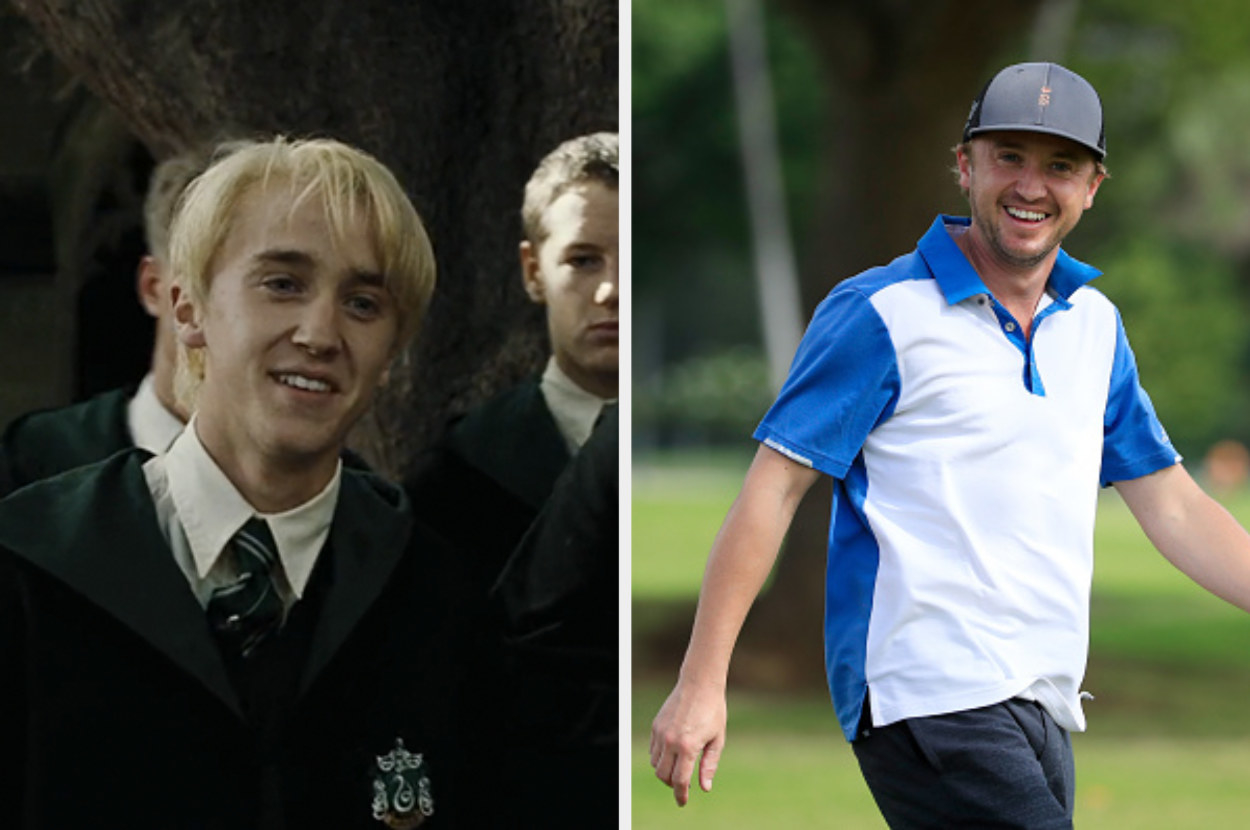 Tom as Draco in his Slytherin uniform and blond hair on the left and Tom wearing a golfing cap on the right