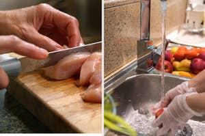chopping raw chicken and washing fruit