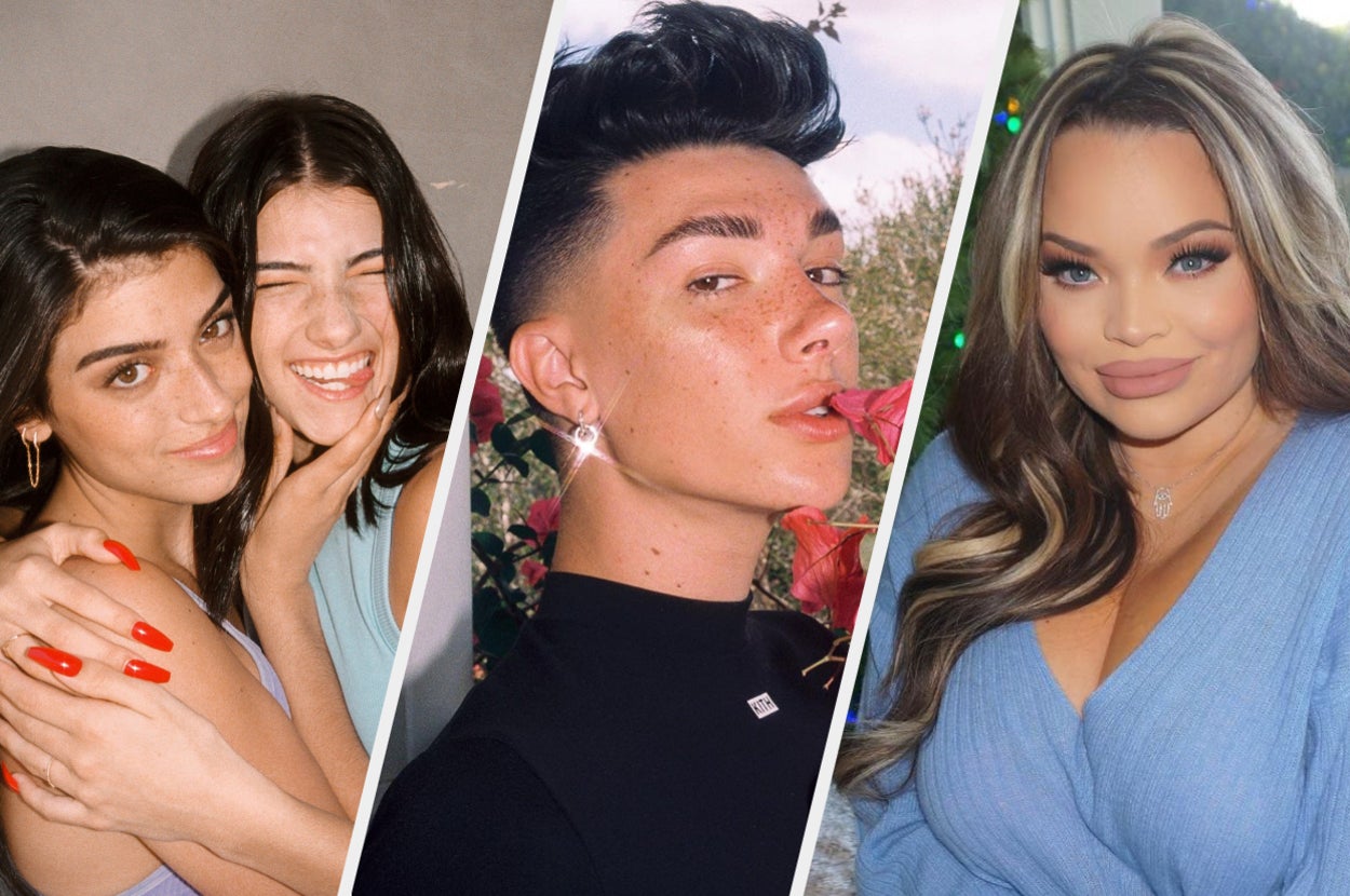 Three-way collage of Charli and Dixie D'Amelio, James Charles and Trisha Paytas