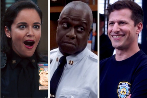 Amy looking shocked, Holt giving a judgemental look, and Jake smiling nervously