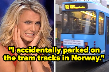 A tram in Norway and the text: I accidentally parked on the tram tracks in Norway