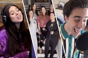 A man, woman, and group of girls sing