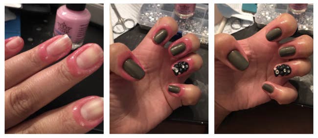 Reviewer before and after photo showing how to use nail latex tape
